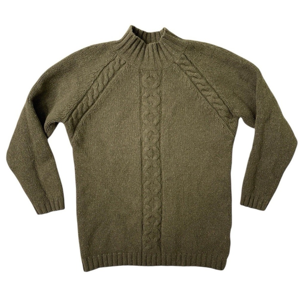 Land's End Cable Knit‎  100% Lamb Wool Academia Sweater Womens M Mock Neck Green